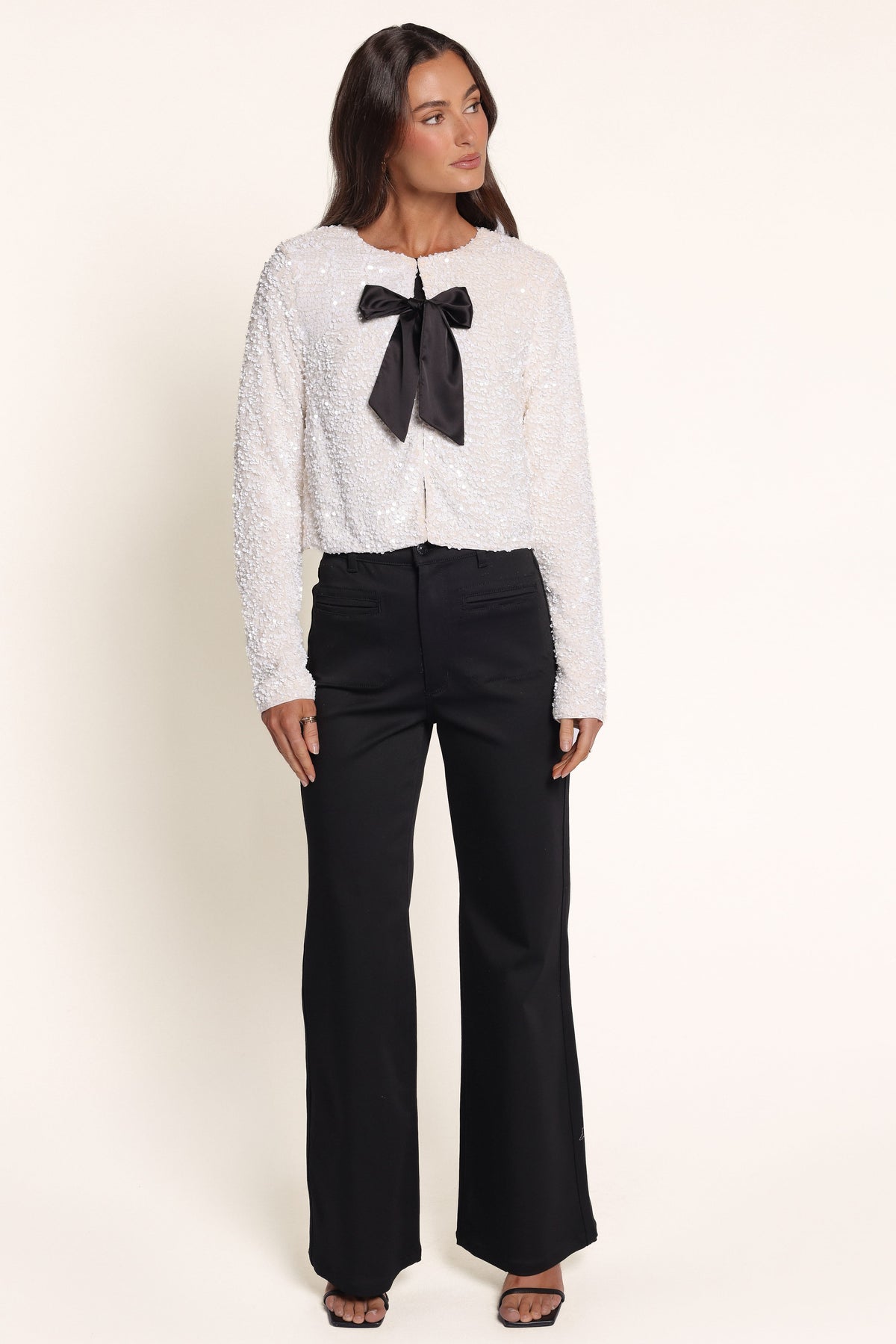 OUTERWEAR Mindie Bow Front Crop Jacket - White Sequin
