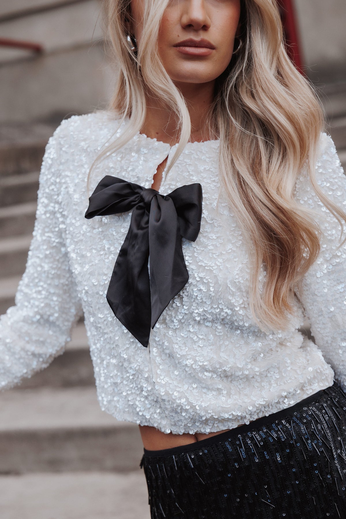 OUTERWEAR Mindie Bow Front Crop Jacket - White Sequin