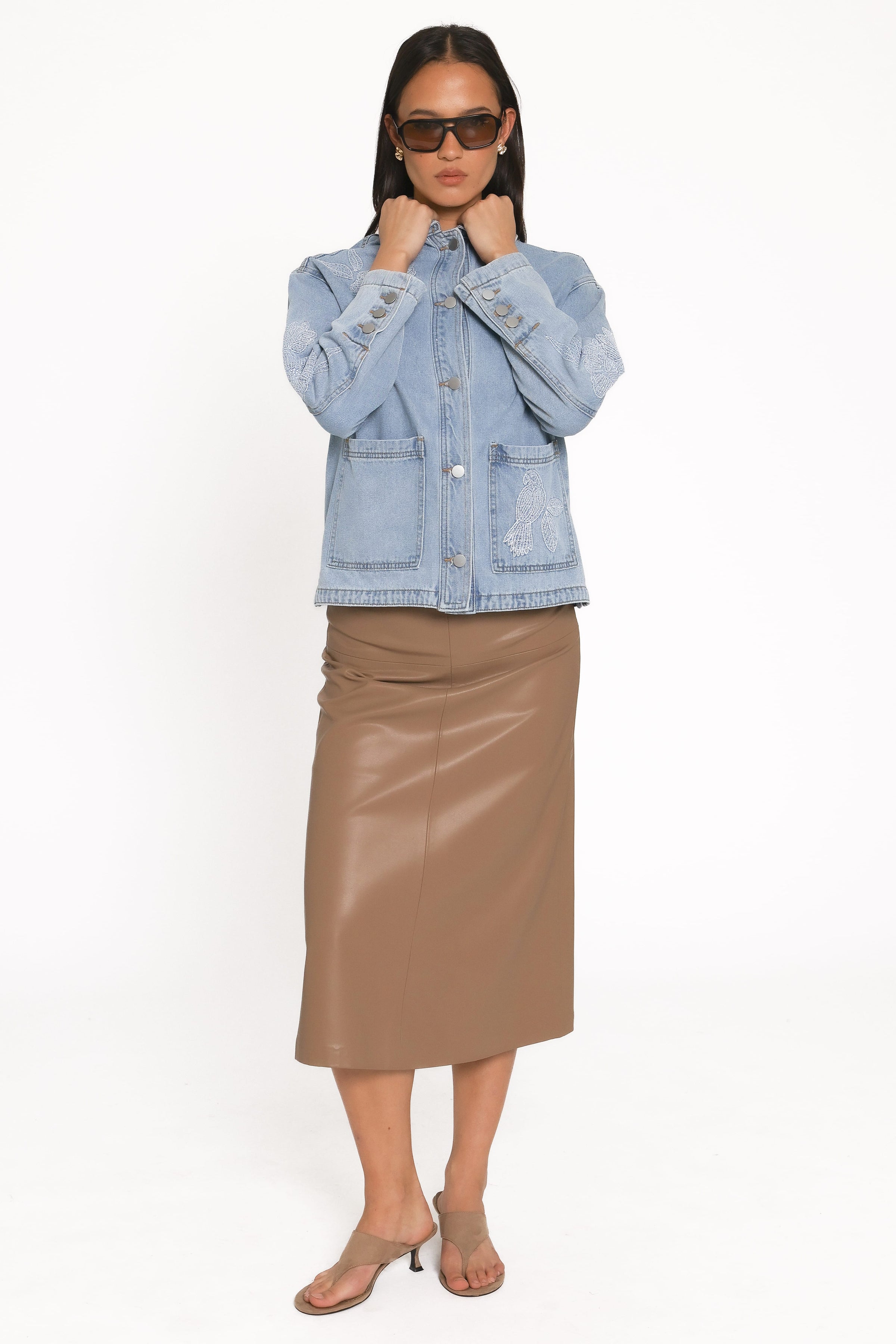 OUTERWEAR Mora Embroidered Denim Shacket - Light Wash