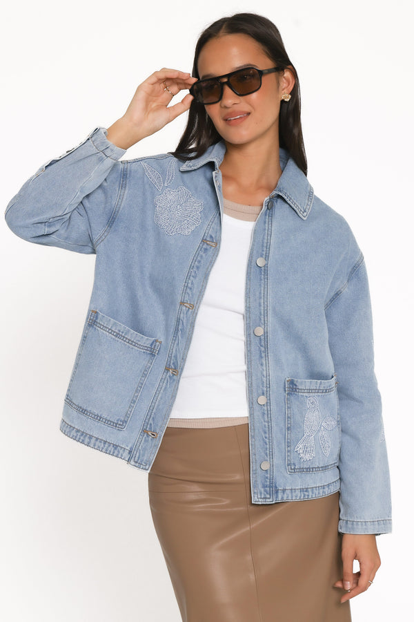 OUTERWEAR Mora Embroidered Denim Shacket - Light Wash