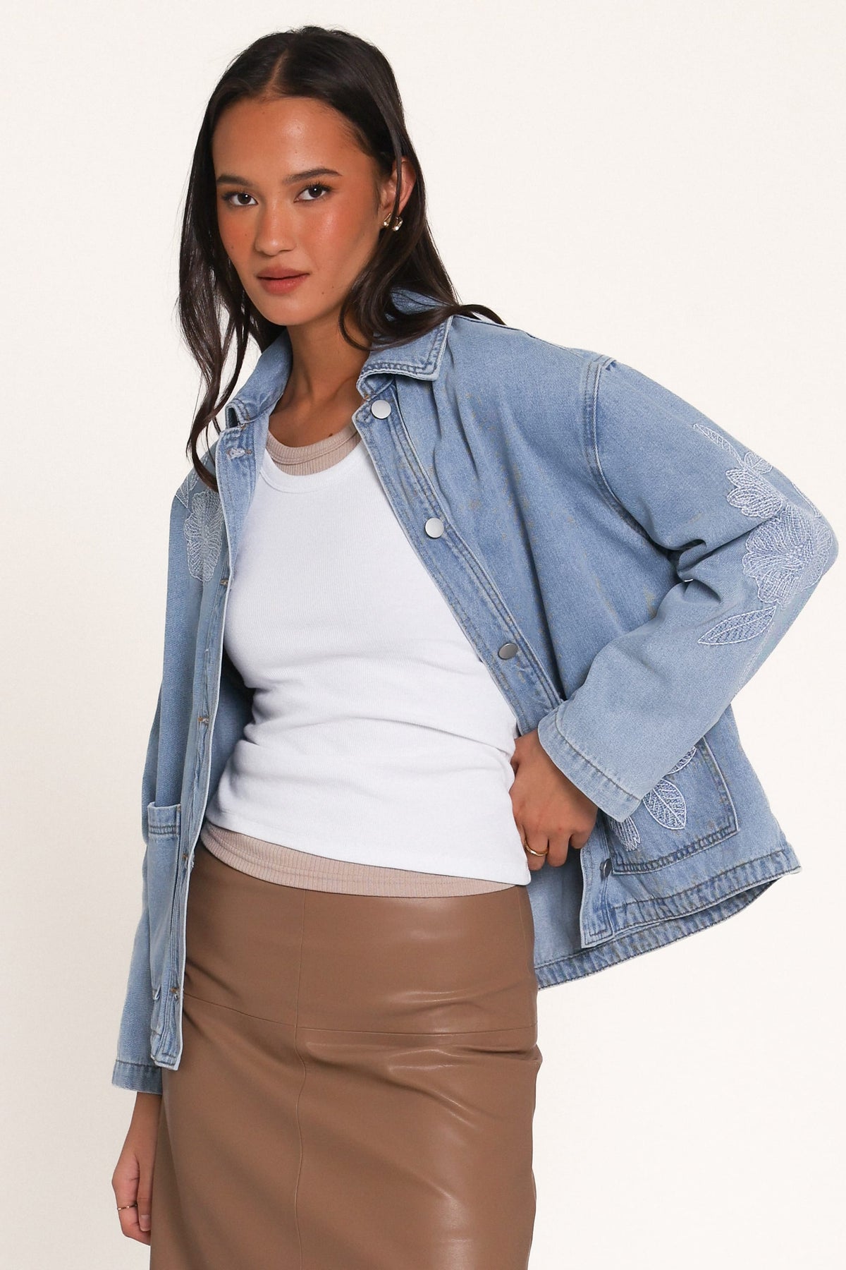 OUTERWEAR Mora Embroidered Denim Shacket - Light Wash