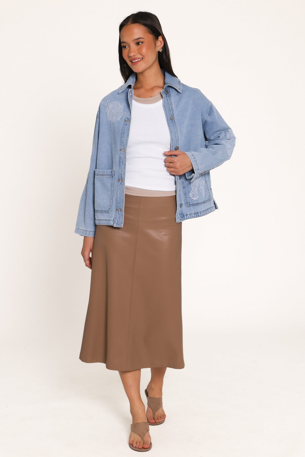 OUTERWEAR Mora Embroidered Denim Shacket - Light Wash