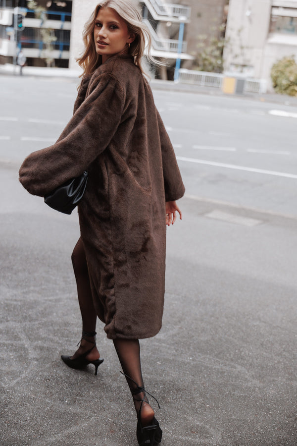 OUTERWEAR Norine Longline Faux Fur Coat - Espresso