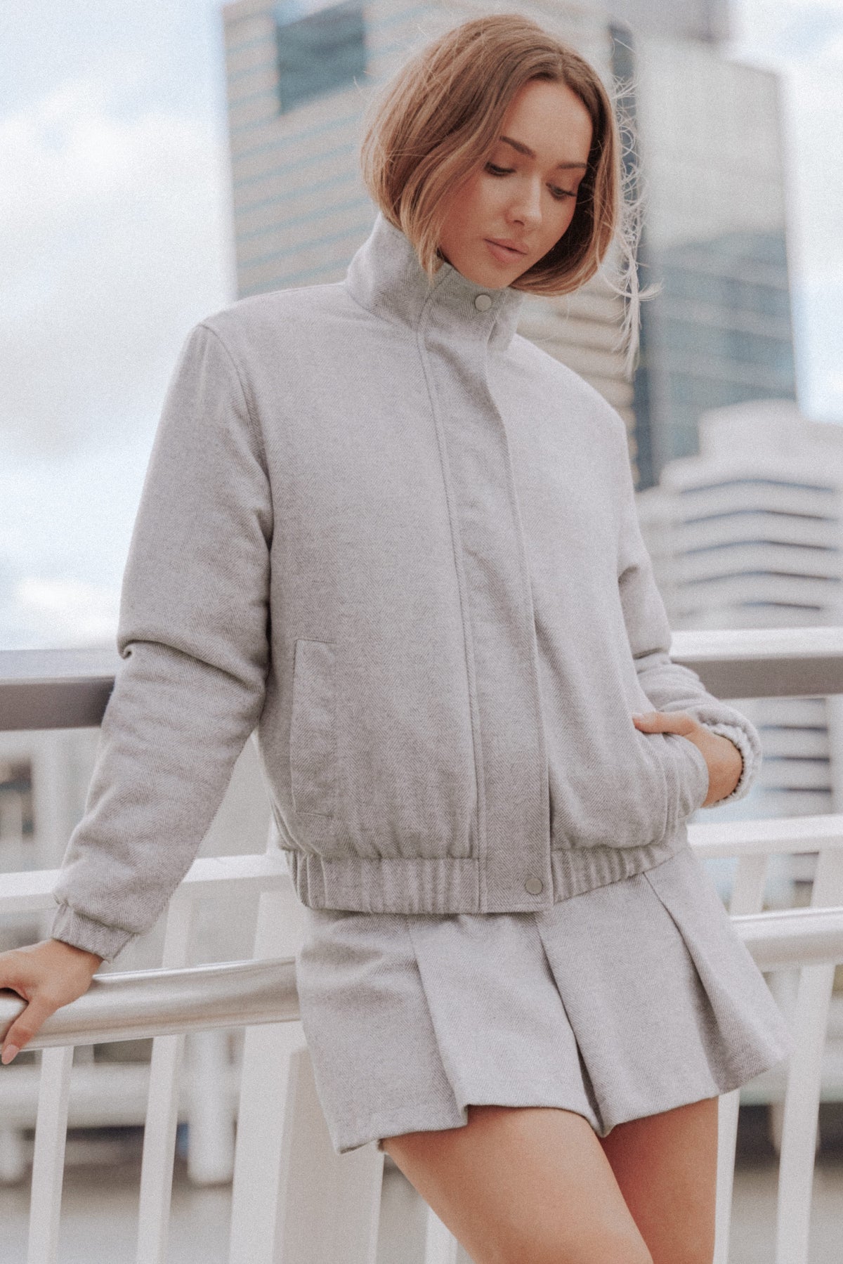 OUTERWEAR Peyton Funnel Neck Bomber Jacket - Grey Herringbone