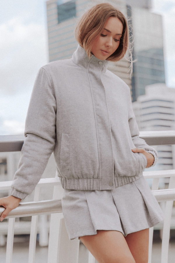 OUTERWEAR Peyton Funnel Neck Bomber Jacket - Grey Herringbone