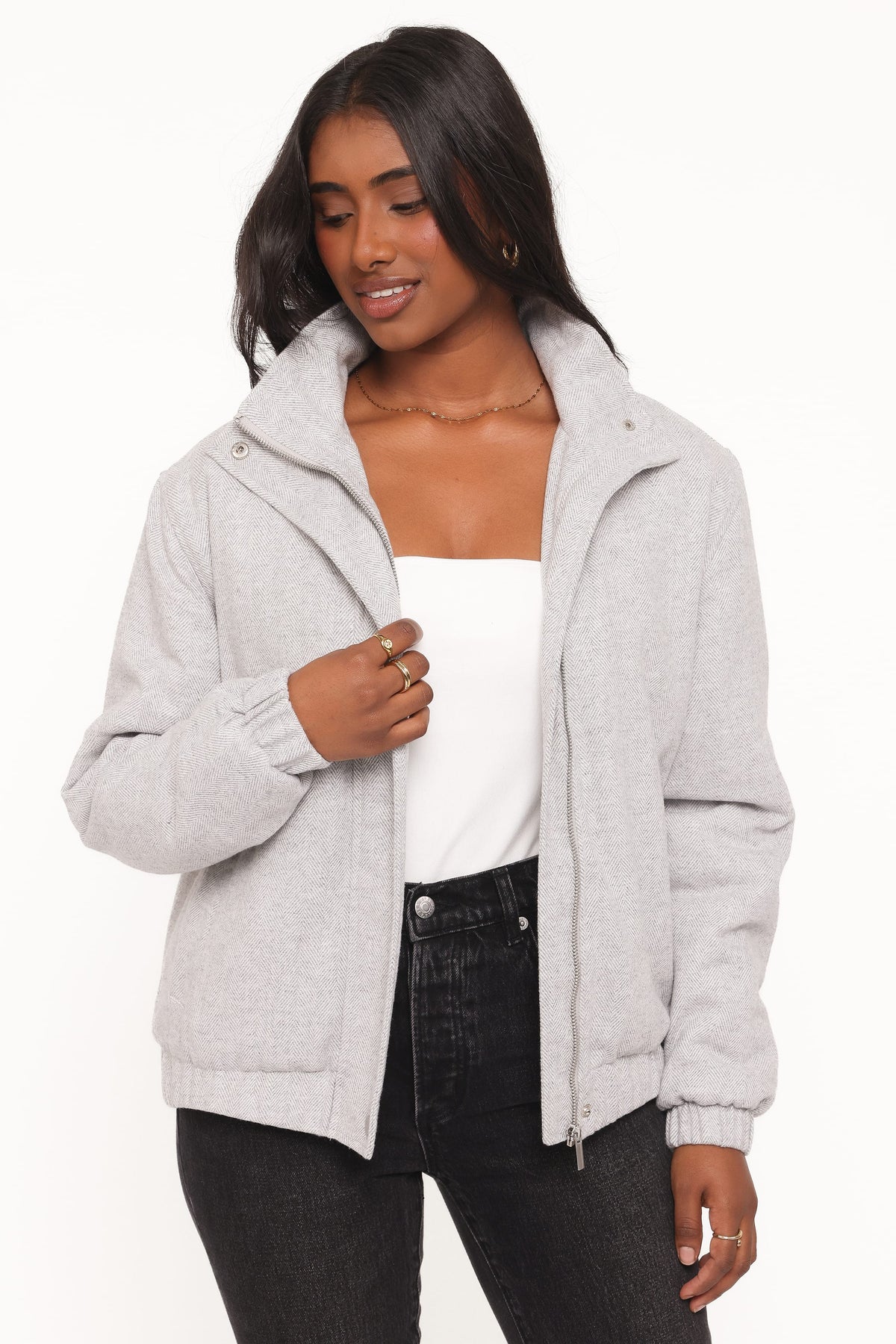 OUTERWEAR Peyton Funnel Neck Bomber Jacket - Grey Herringbone