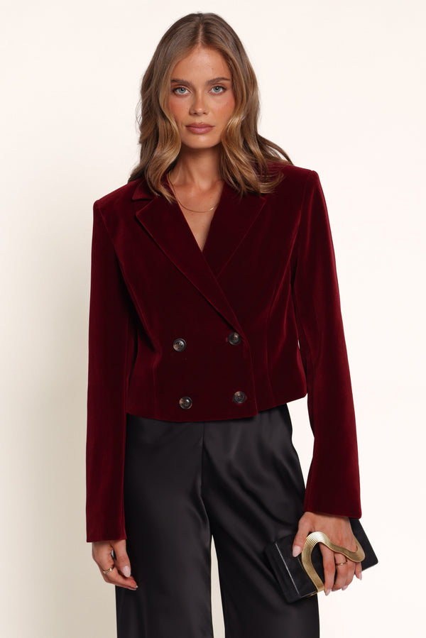 OUTERWEAR Wendy Boxy Crop Blazer - Wine Velvet