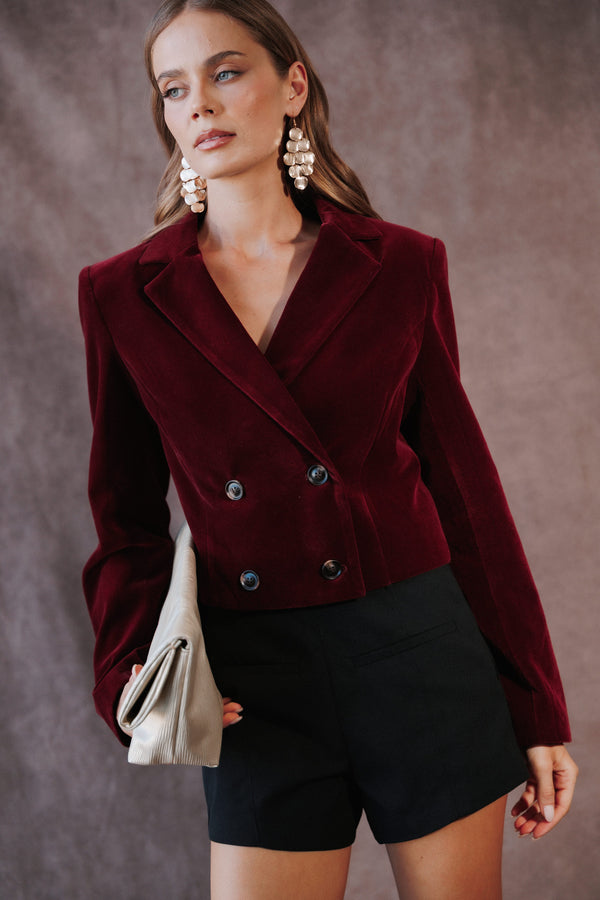 OUTERWEAR Wendy Boxy Crop Blazer - Wine Velvet