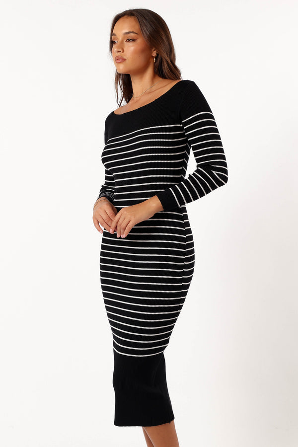 DRESSES @Baxtor Off The Shoulder Midi Dress - White/Black