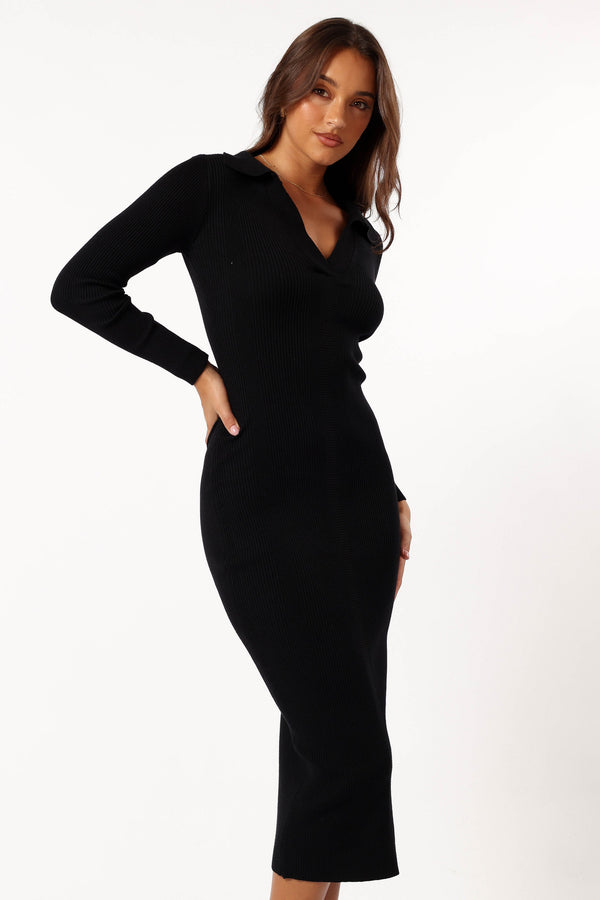 DRESSES @Collins Long Sleeve Midi Dress - Black