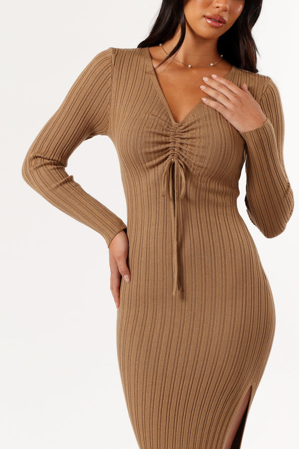 DRESSES @Irene Long Sleeve Midi Dress - Coffee