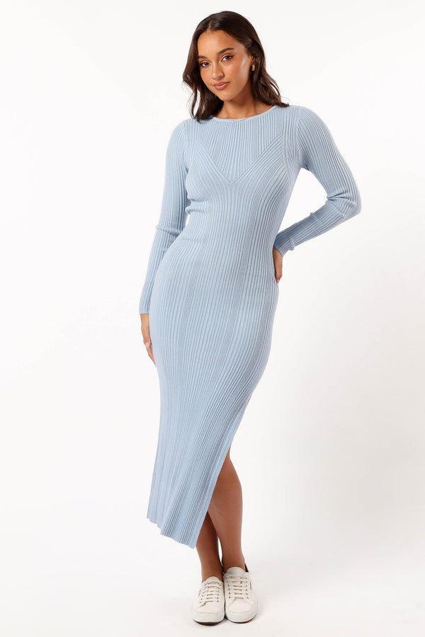 DRESSES @Mattie Long Sleeve Maxi Dress - Blue Grey