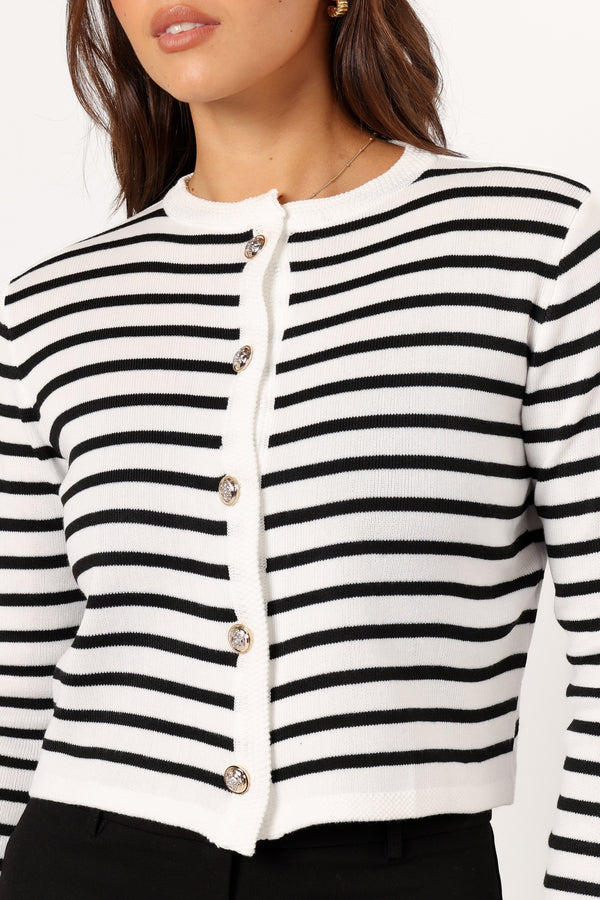 KNITWEAR @Cynthia Striped Button Front Cardigan - Black/Cream