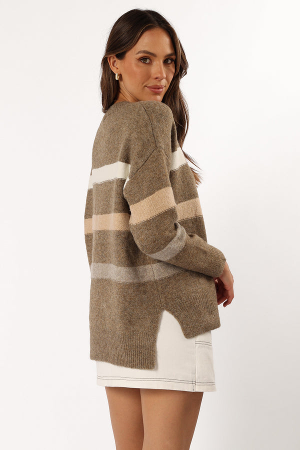 KNITWEAR @Esther Stripe Knit Sweater - Brown