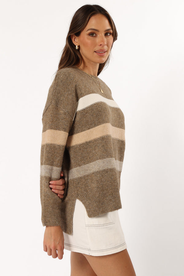 KNITWEAR @Esther Stripe Knit Sweater - Brown