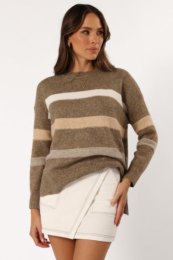 KNITWEAR @Esther Stripe Knit Sweater - Brown