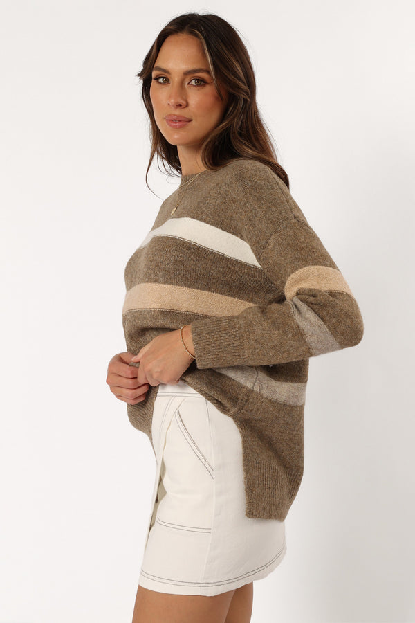 KNITWEAR @Esther Stripe Knit Sweater - Brown