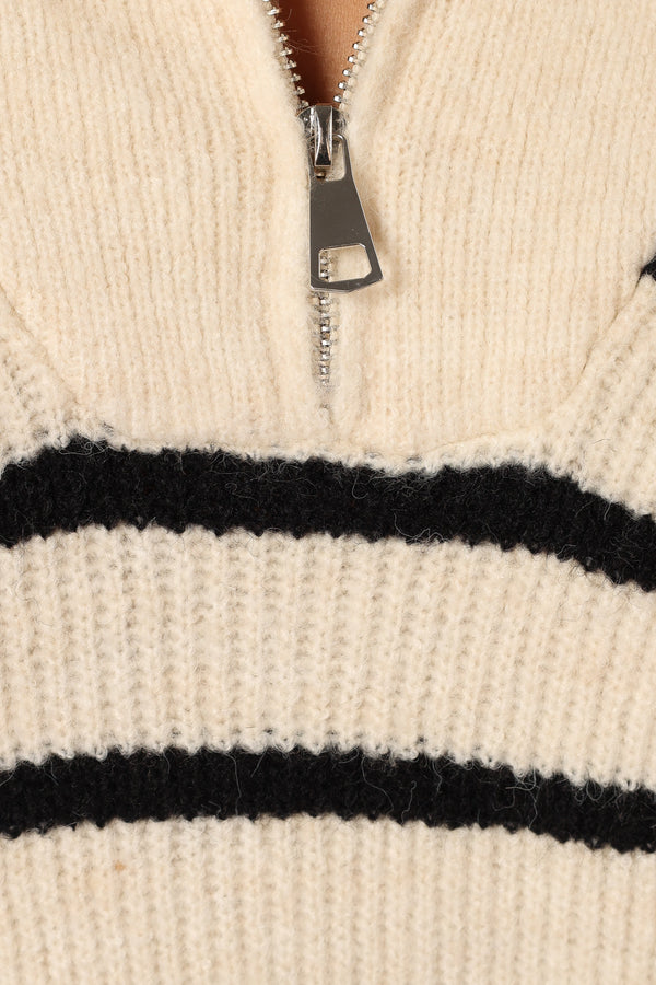 KNITWEAR @Everleigh Quarter Zip Striped Knit Sweater - Cream