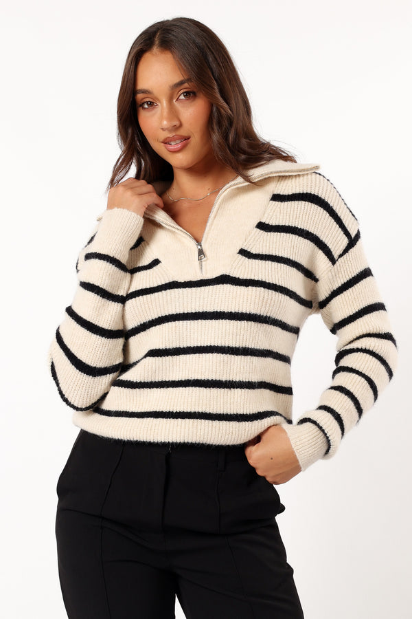 KNITWEAR @Everleigh Quarter Zip Striped Knit Sweater - Cream