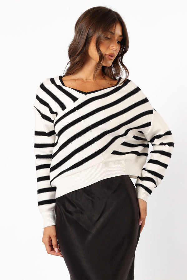 KNITWEAR @Lynette Criss Cross Stripe Sweater - Black/White