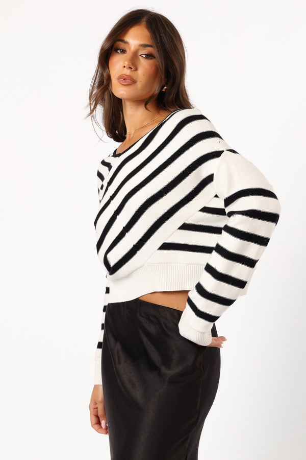 KNITWEAR @Lynette Criss Cross Stripe Sweater - Black/White