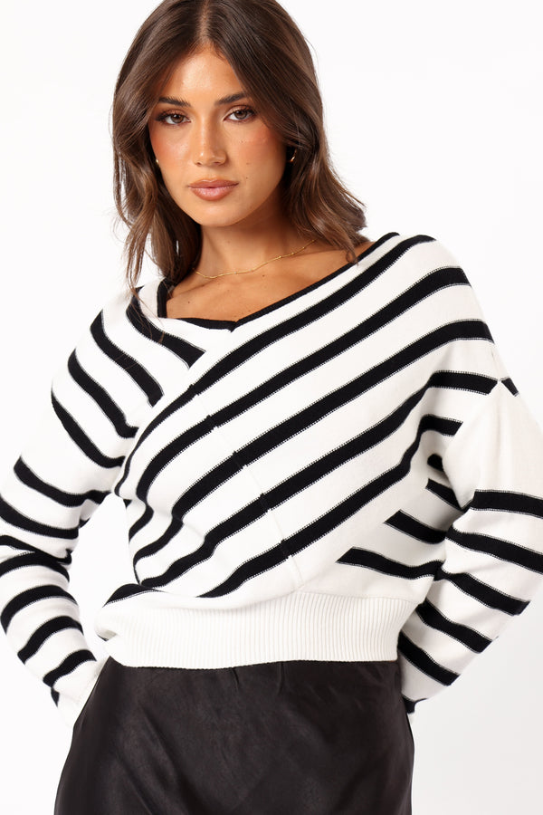 KNITWEAR @Lynette Criss Cross Stripe Sweater - Black/White