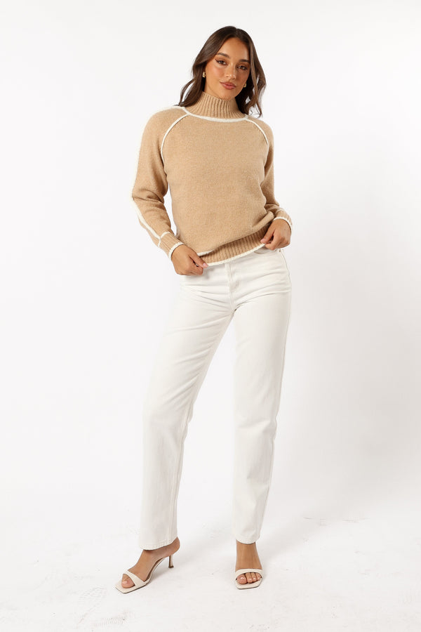 KNITWEAR @Rylee Contrast Hem Knit Sweater - Camel