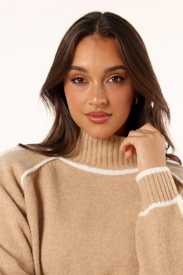 KNITWEAR @Rylee Contrast Hem Knit Sweater - Camel