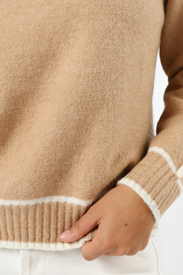 KNITWEAR @Rylee Contrast Hem Knit Sweater - Camel