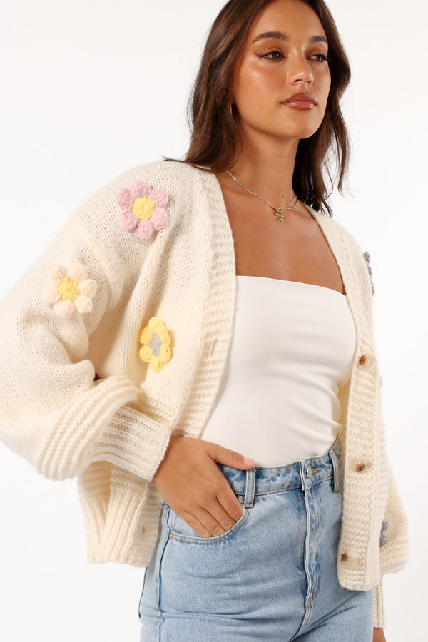 KNITWEAR @Sienna Flower Cardigan - Cream