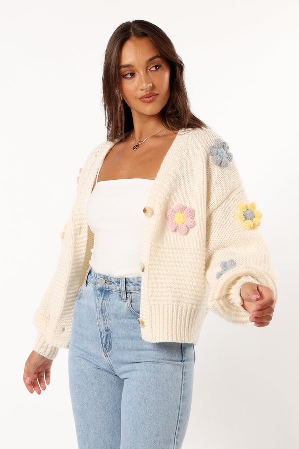 KNITWEAR @Sienna Flower Cardigan - Cream