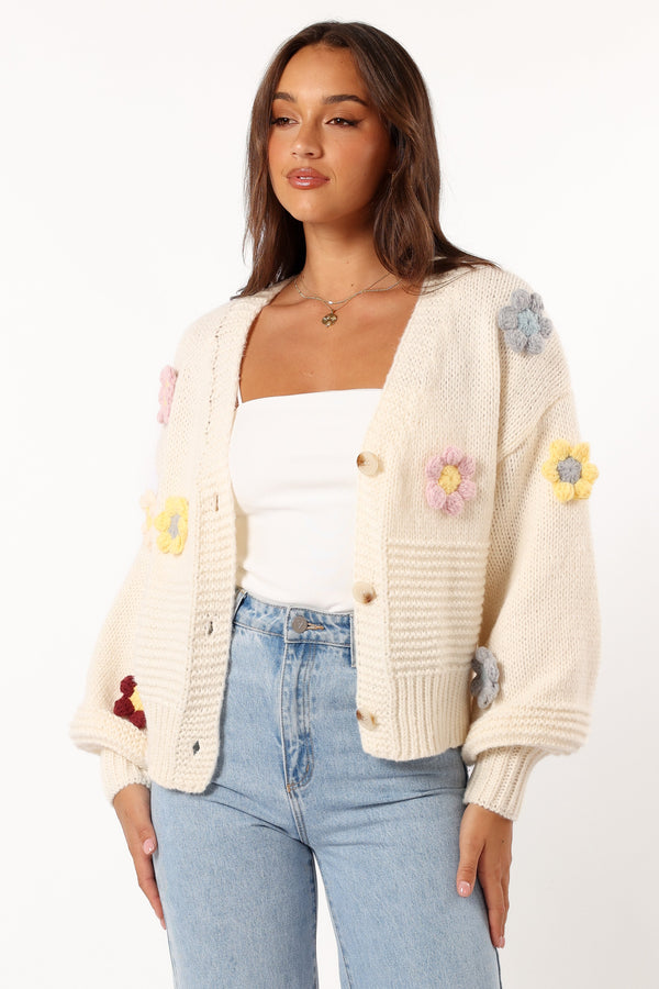 KNITWEAR @Sienna Flower Cardigan - Cream