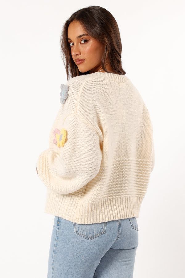 KNITWEAR @Sienna Flower Cardigan - Cream