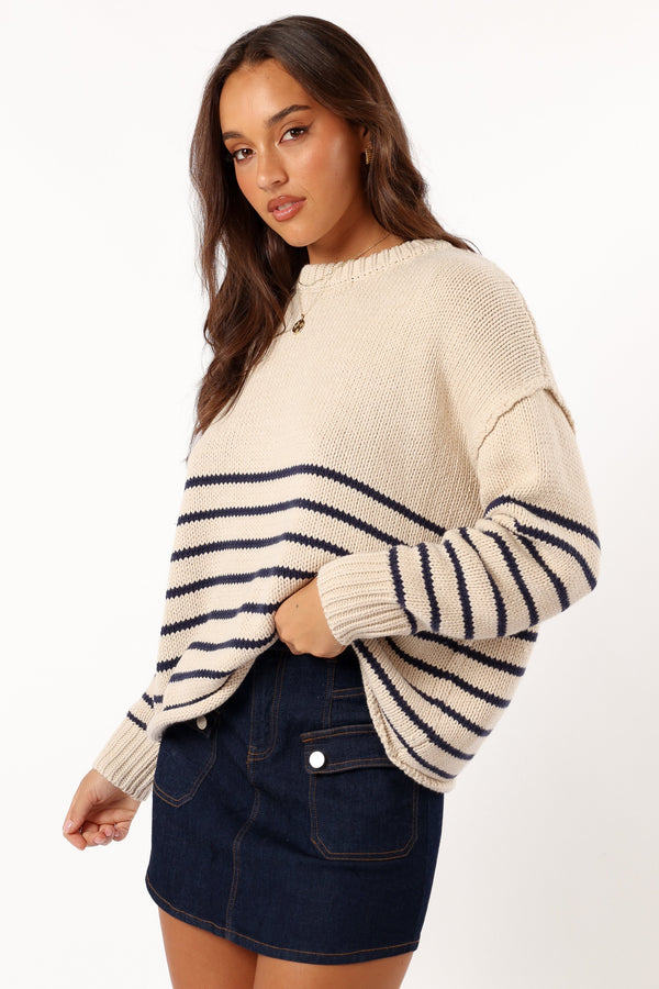 KNITWEAR @Tenzie Stripe Knit Sweater - Natural Navy