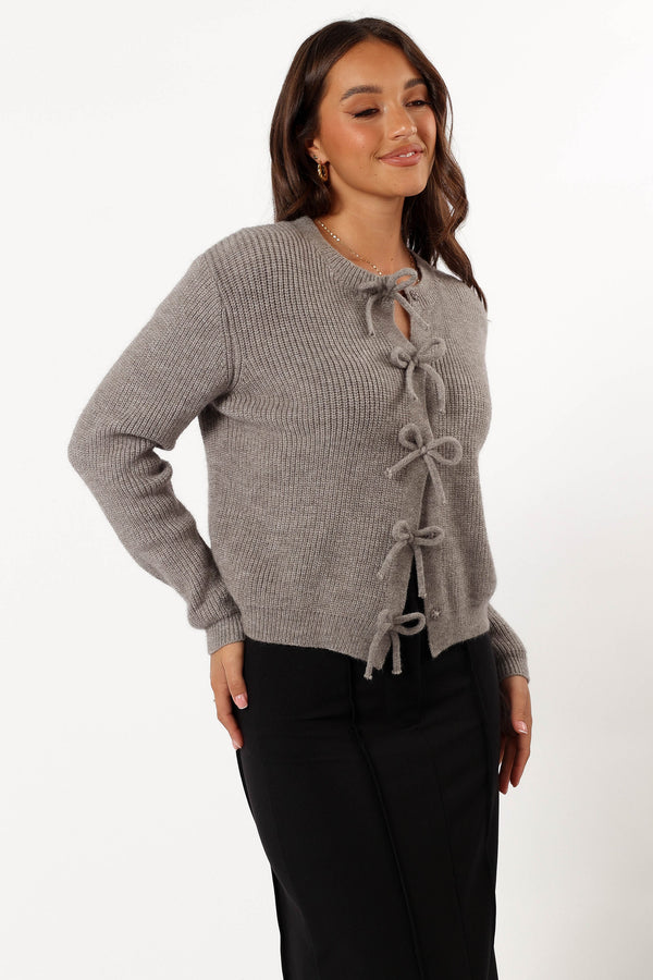 KNITWEAR @Wilde Bow Front Cardigan - Light Grey