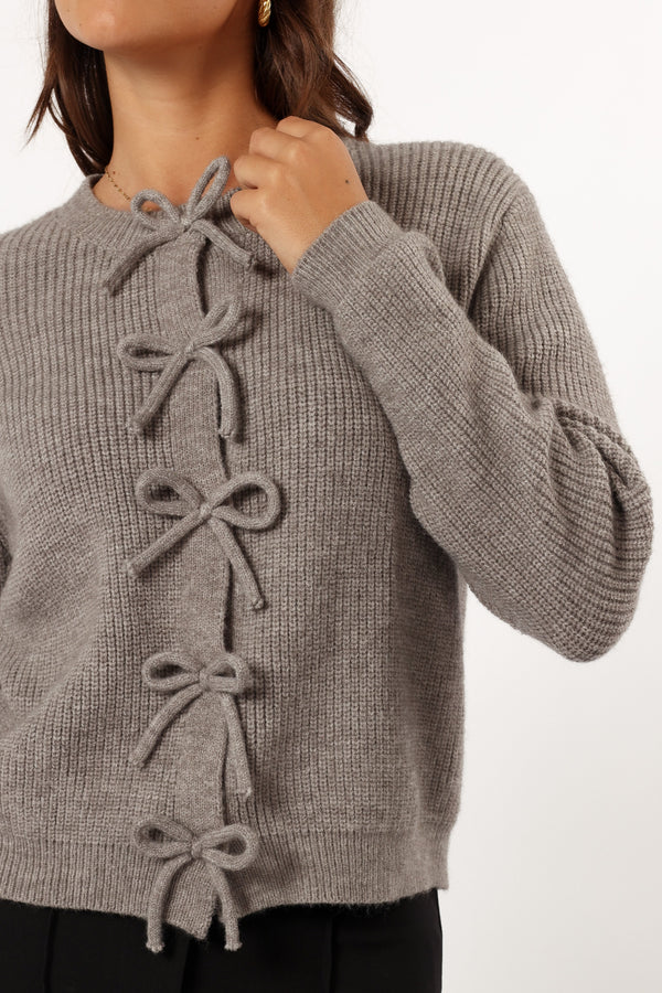 KNITWEAR @Wilde Bow Front Cardigan - Light Grey