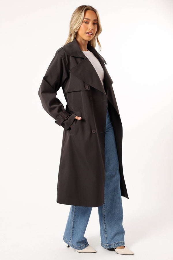 OUTERWEAR @Billy Button Front Trench Coat - Charcoal