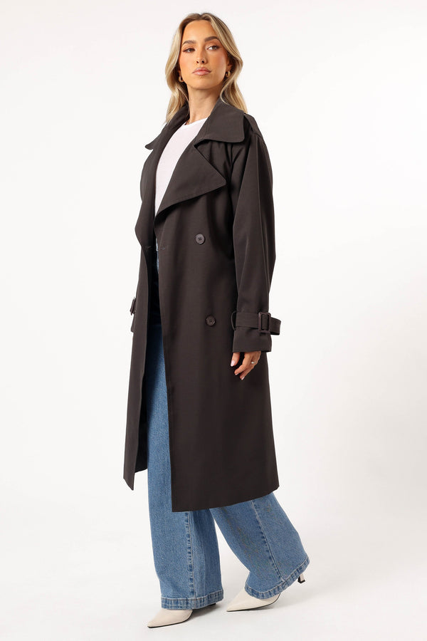 OUTERWEAR @Billy Button Front Trench Coat - Charcoal