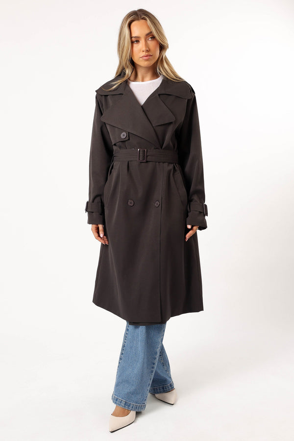 OUTERWEAR @Billy Button Front Trench Coat - Charcoal