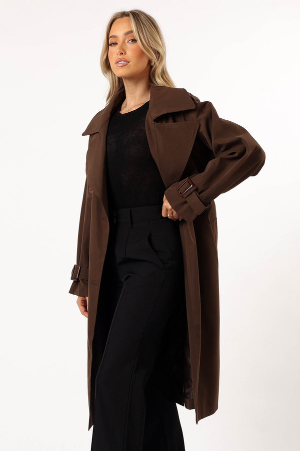 OUTERWEAR @Billy Button Front Trench Coat - Chocolate Brown