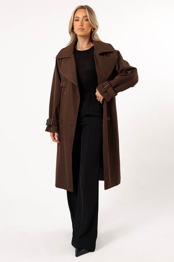 OUTERWEAR @Billy Button Front Trench Coat - Chocolate Brown