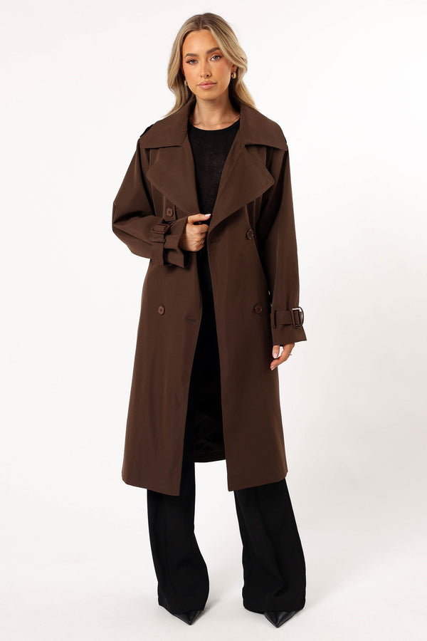 OUTERWEAR @Billy Button Front Trench Coat - Chocolate Brown