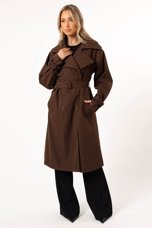 OUTERWEAR @Billy Button Front Trench Coat - Chocolate Brown