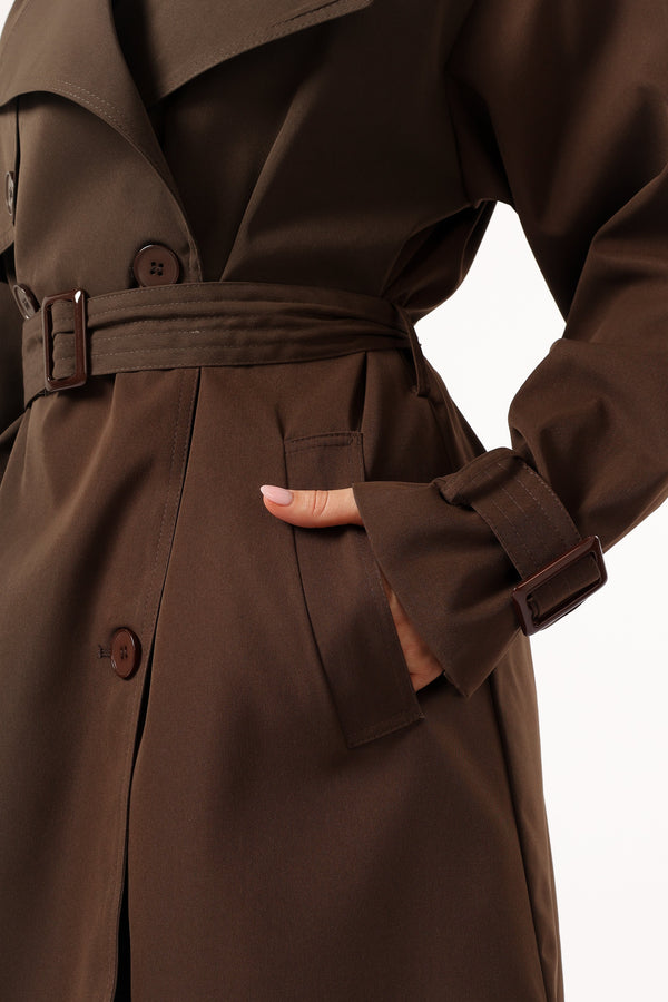 OUTERWEAR @Billy Button Front Trench Coat - Chocolate Brown