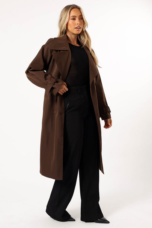 OUTERWEAR @Billy Button Front Trench Coat - Chocolate Brown