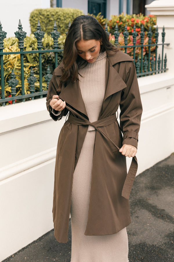 OUTERWEAR Billy Button Front Trench Coat - Chocolate Brown