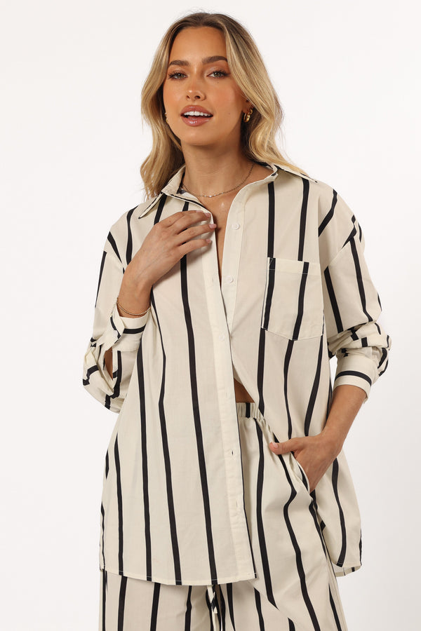 TOPS @Silvia Button Down Shirt - Cream Stripe (Hold for Winter Essentials)