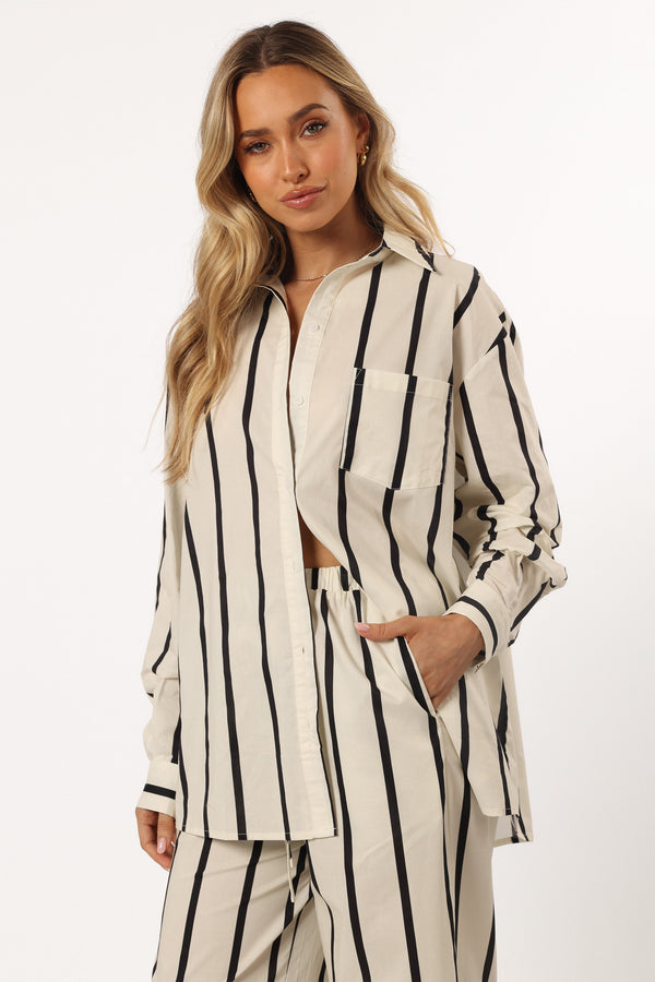 TOPS @Silvia Button Down Shirt - Cream Stripe (Hold for Winter Essentials)