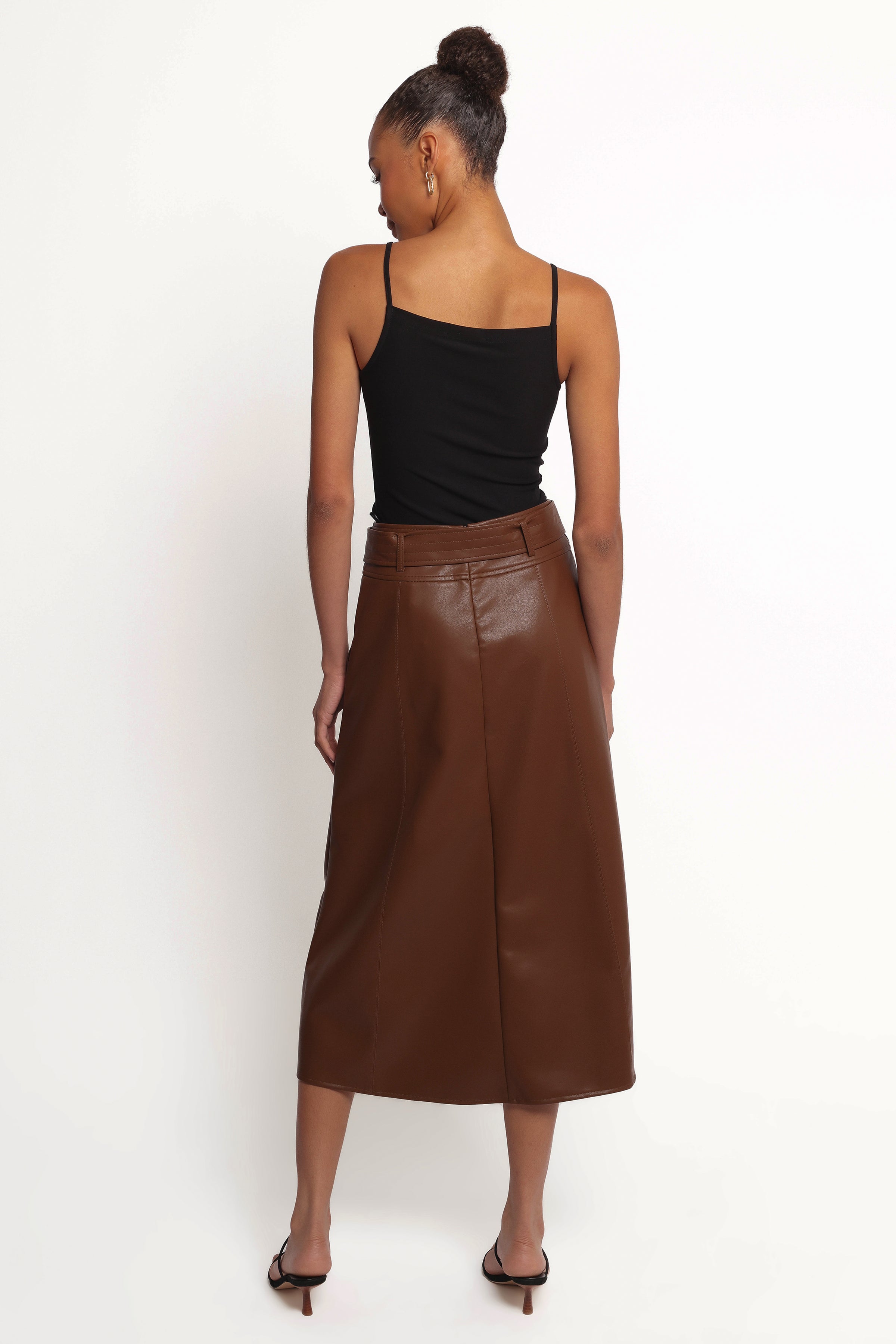 Petal and Pup USA BOTTOMS Adaline Faux Leather Midi Skirt - Brown