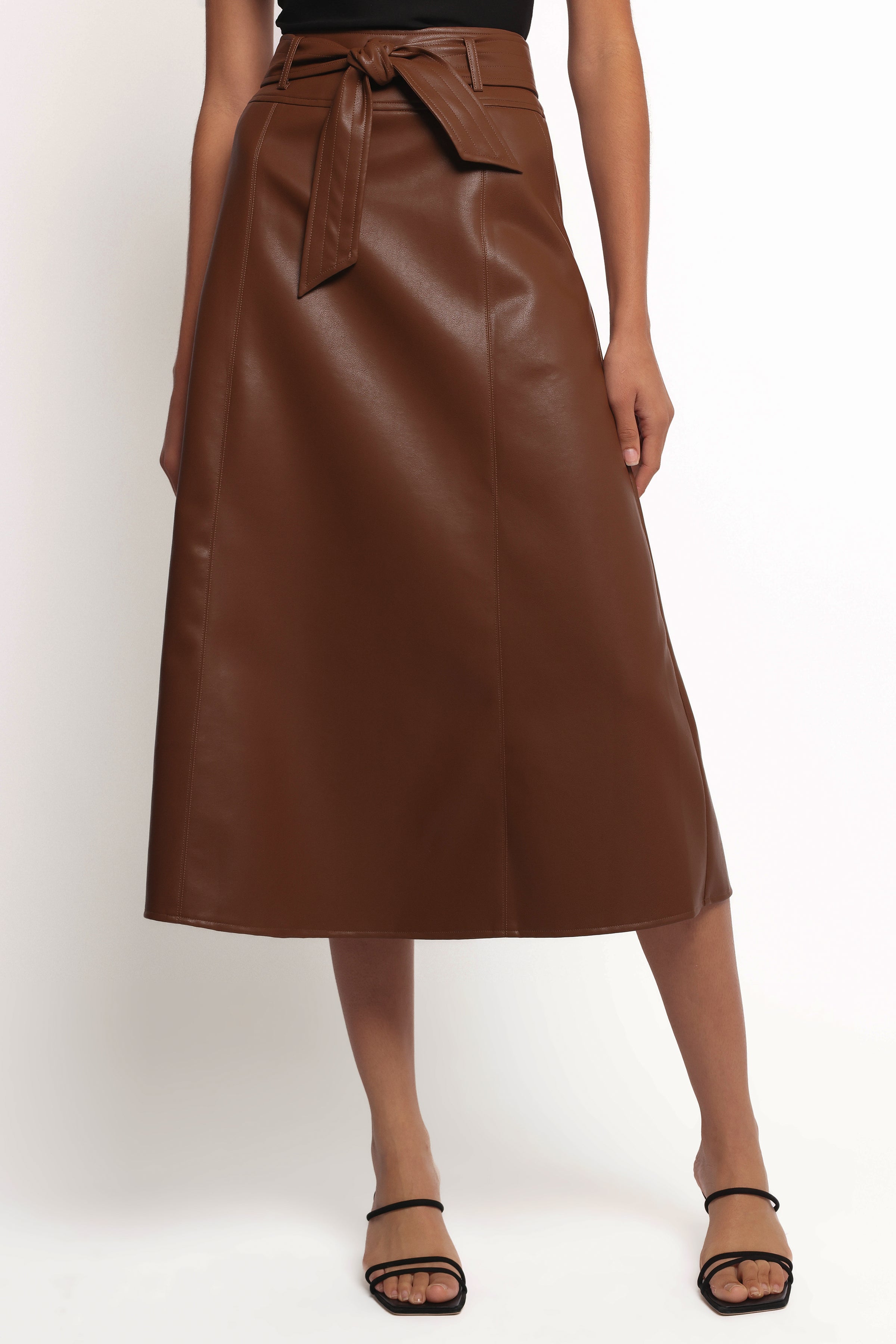 Petal and Pup USA BOTTOMS Adaline Faux Leather Midi Skirt - Brown